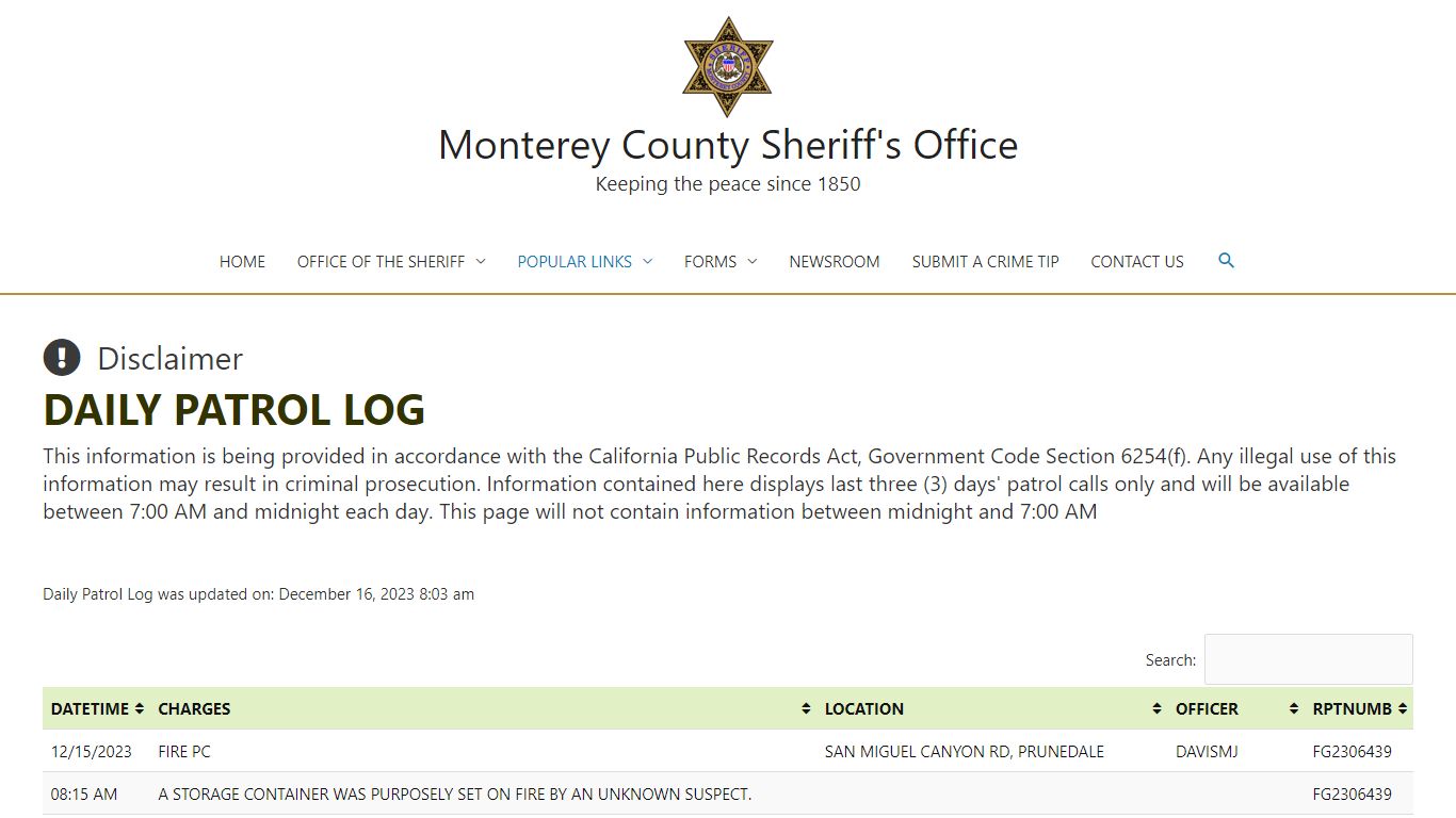 DAILY PATROL LOG – Monterey County Sheriff's Office